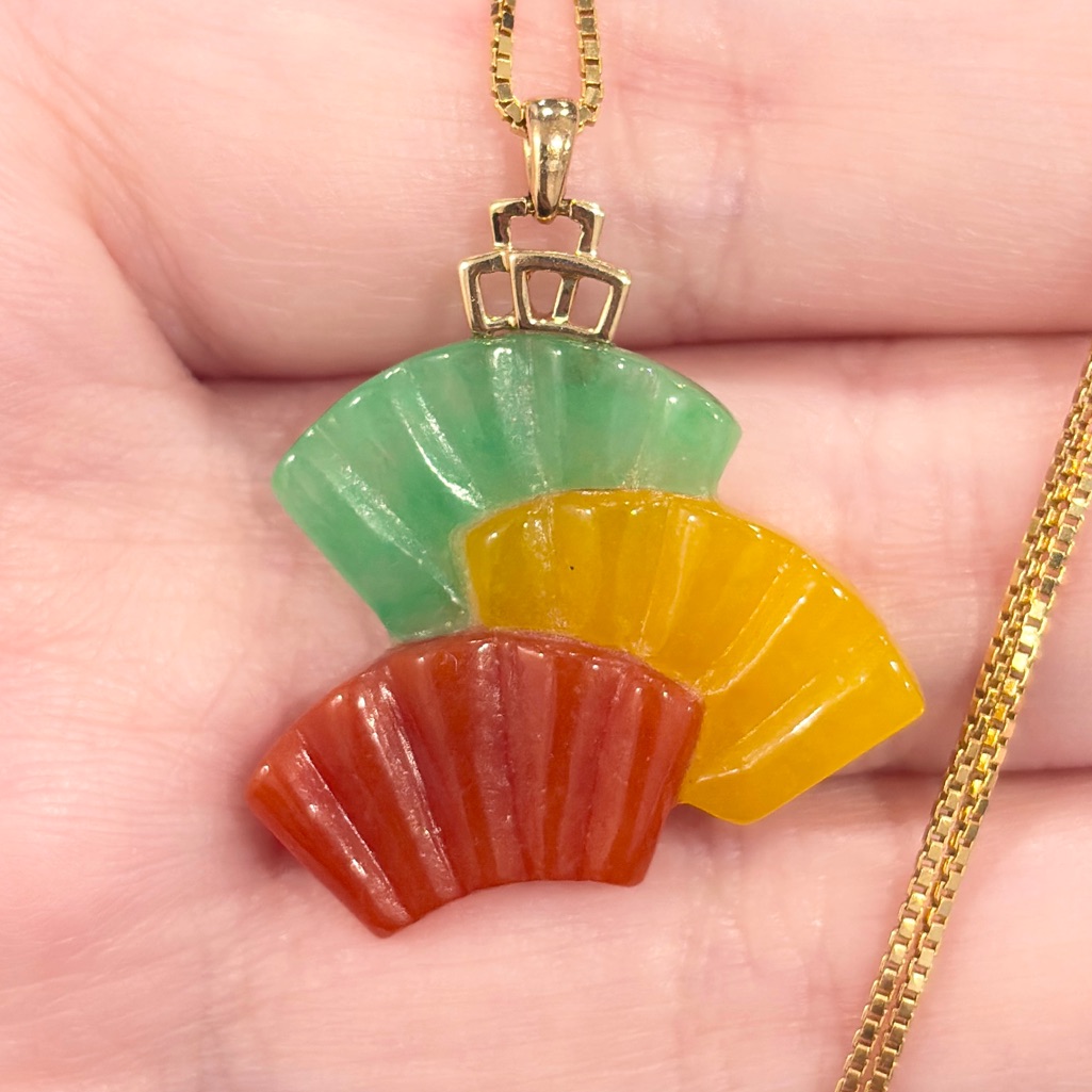 Vintage 14k Gold Rainbow Jade Fan Pendant: Chinese Jadeite